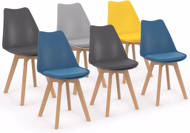 Set di 6 sedie scandinave SARA IDMarket in plastica e legno, colori assortiti: 2 blu, 2 grigio chiaro, 2 giallo – 1