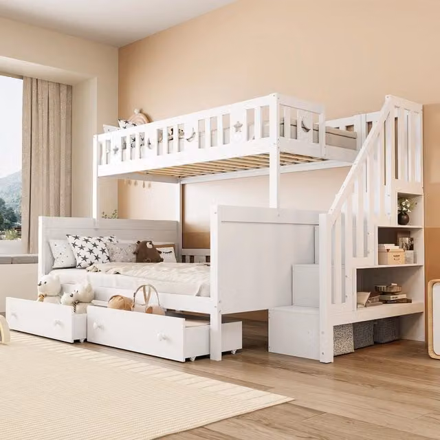 Letto a castello 90x200 cm con scala contenitore; cassetti e rete in legno bianco