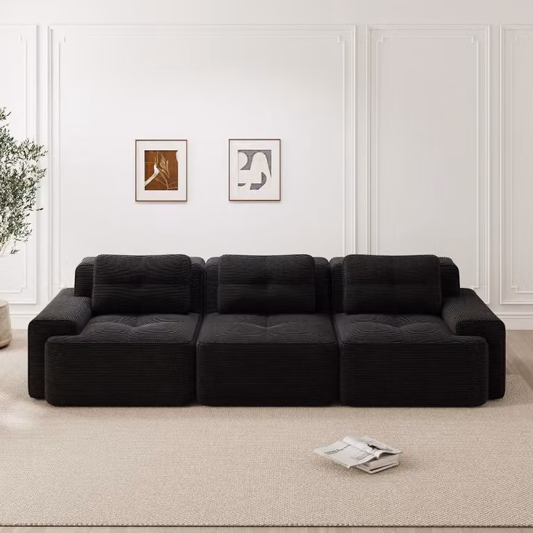 Divano modulare cloud nero, divano a tre posti in tessuto, con seduta profonda di 74 cm, divano angolare a filo pavimento ideale per il soggiorno, senza necessità di montaggio, dimensioni 293x104x69 cm