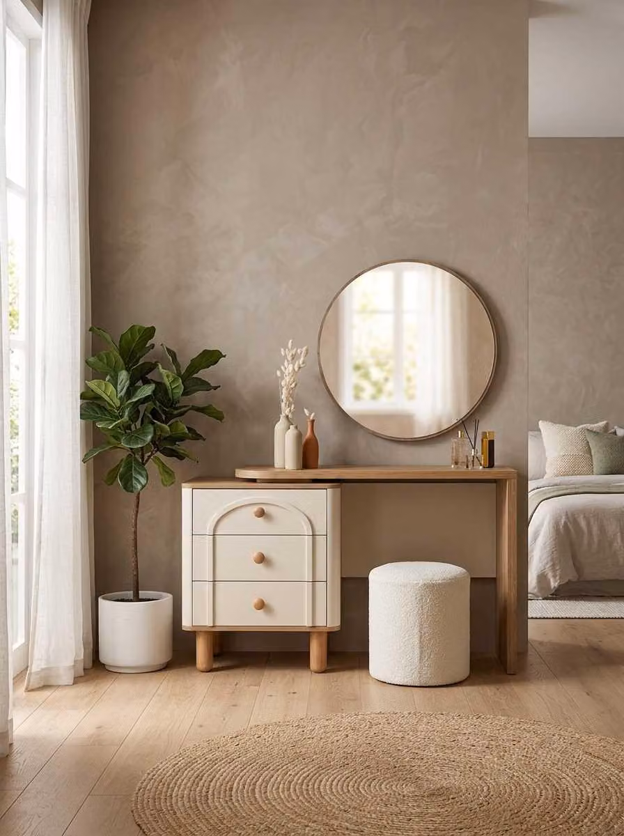 Comò da trucco con specchio, sgabello e set beige, design moderno e lussuoso