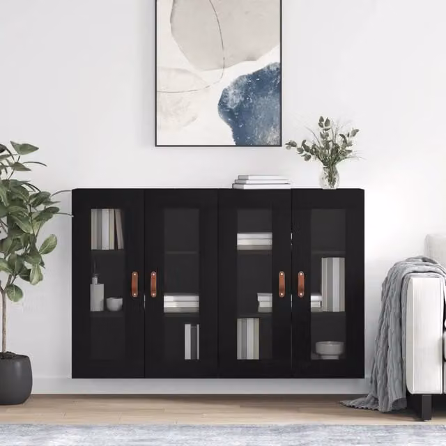 Set di 2 armadietti a parete vidaXL neri con ante in vetro e ripiani interni in legno per bagno in stile moderno