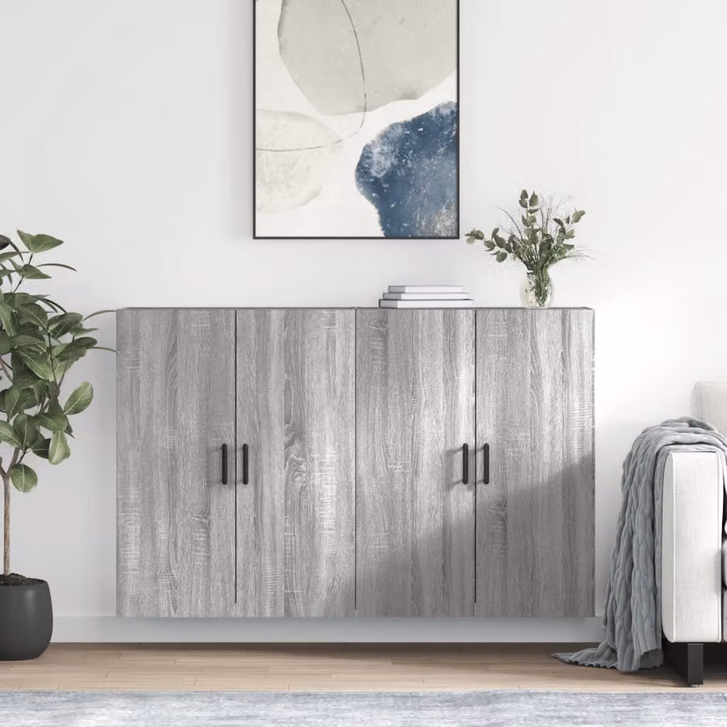 Set di 2 mobili a parete moderni vidaXL in legno MDF, colore grigio, L: 69,5 cm, P: 34 cm, H: 90 cm