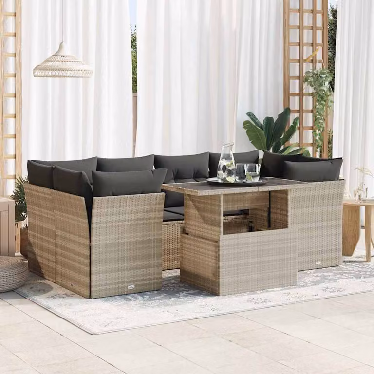 Set di divani da giardino vidaXL in polyrattan con 7 pezzi e cuscini grigio chiaro