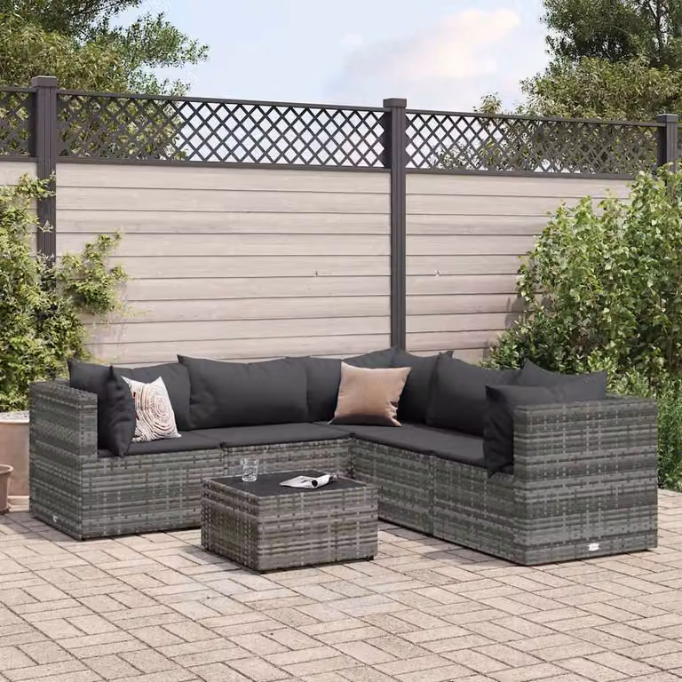 Set Divani da Giardino vidaXL 6 pz a L con Cuscini e Tavolino in Polyrattan Grigio Antracite