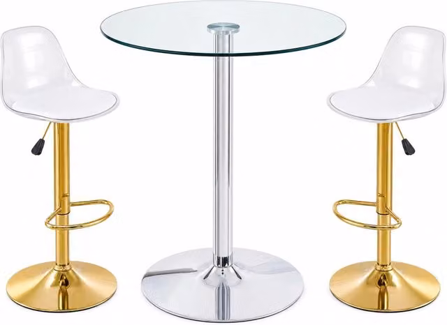 Set bar 89 cm tavolo rotondo in vetro trasparente, 2 sgabelli dorati regolabili