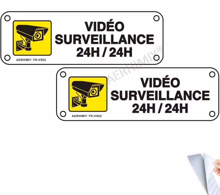 Pannelli di segnalazione "Videosorveglianza 24 ore" in metallo autoadesivi, 2 pannelli "Camera di sorveglianza" 5x15 cm, resistenti ai raggi UV, impermeabili, con fori preforati (alluminio)
