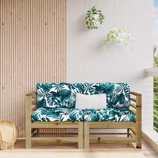 Divano angolare da giardino componibile in legno di pino impregnato con cuscini a fantasia floreale verde, set da 2 pezzi