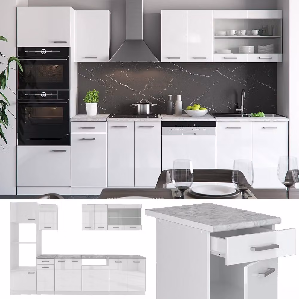 Cucina componibile moderna Vicco R-Line Bianco lucido con armadio alto, larghezza: 300 cm – 2