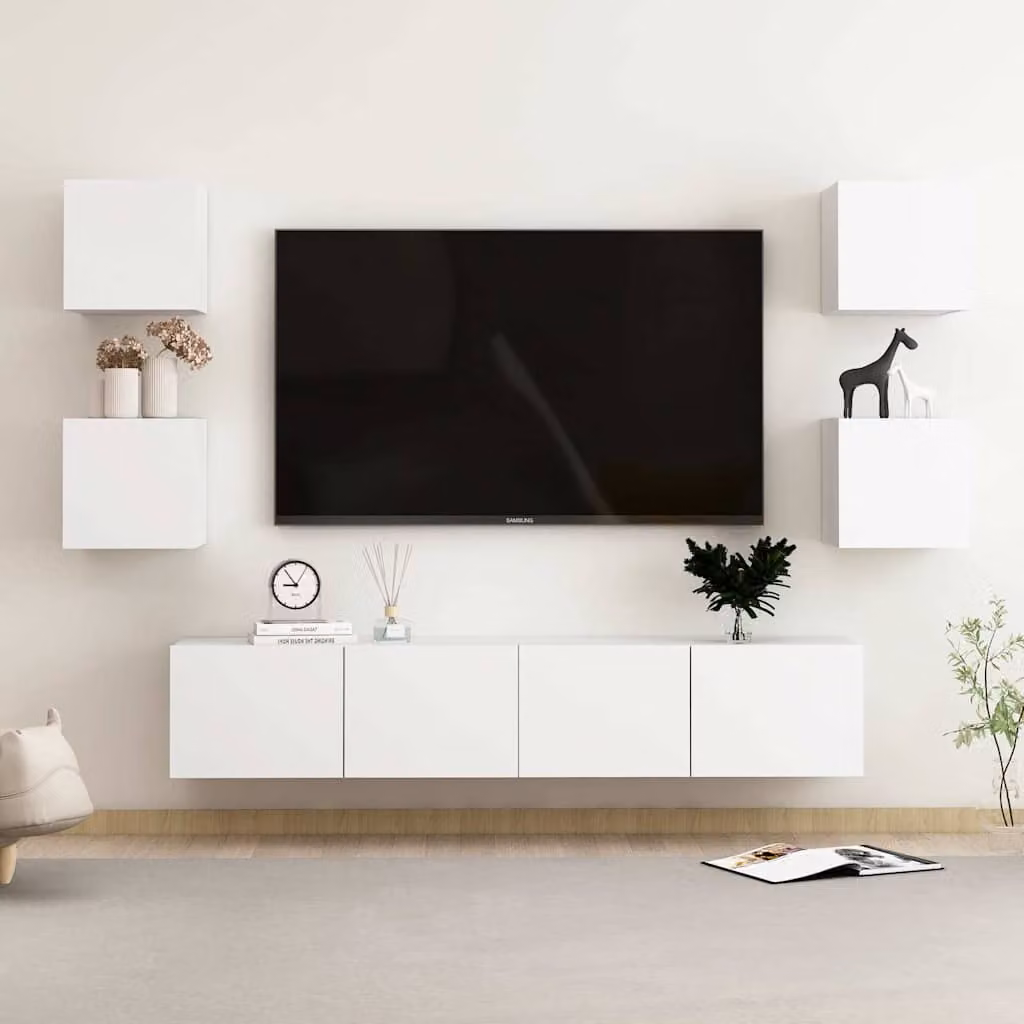 Set di mobili porta TV vidaXL da 6 pezzi in legno e MDF bianco opaco per soggiorno, modello moderno da appendere a parete
