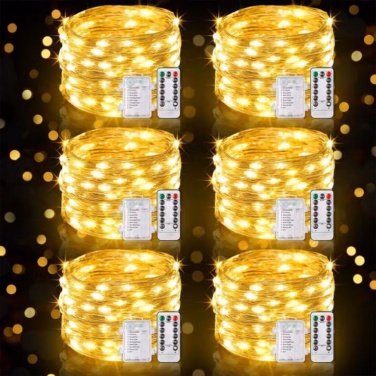 Catena luminosa da 10 metri, con 100 LED, luce bianco caldo, alimentazione a batteria, telecomando, timer