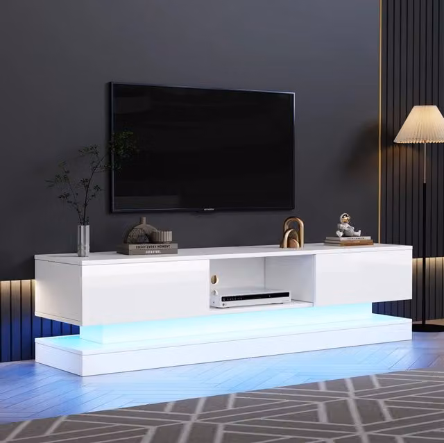 Mobile TV ULEVR 160x35x40,5 cm bianco lucido con LED multicolore, 2 cassetti e controllo tramite app
