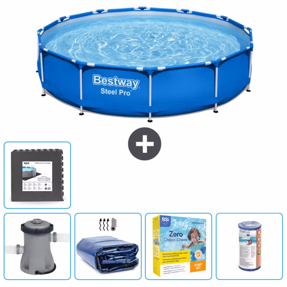 Piscina Bestway Round Steel Pro - 366 x 76 cm - blu - pompa inclusa - tenda da sole - pacchetto manutenzione - filtro - pavimento in piastrelle