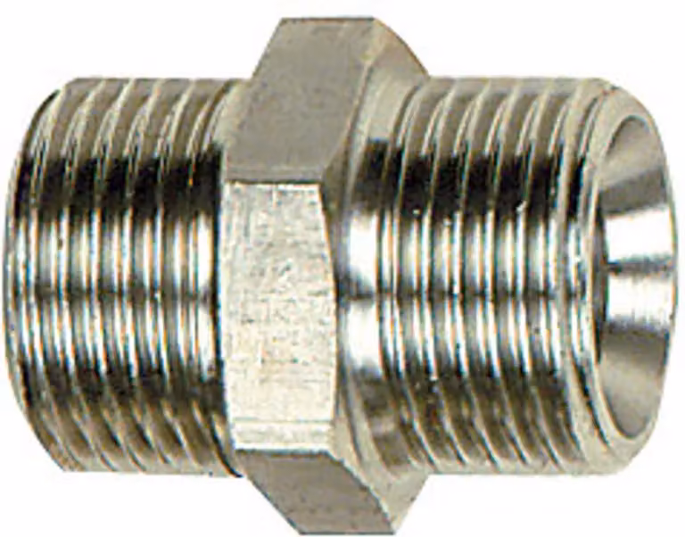 Nipplo Riegler a doppia filettatura, G 3/4 a., G 1/2 a., SW 32, acciaio inox 1.4571