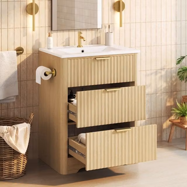 Mobile da bagno con lavabo in ceramica, cassetti portaoggetti, portarotolo, maniglie in metallo, senza rubinetto, color legno naturale