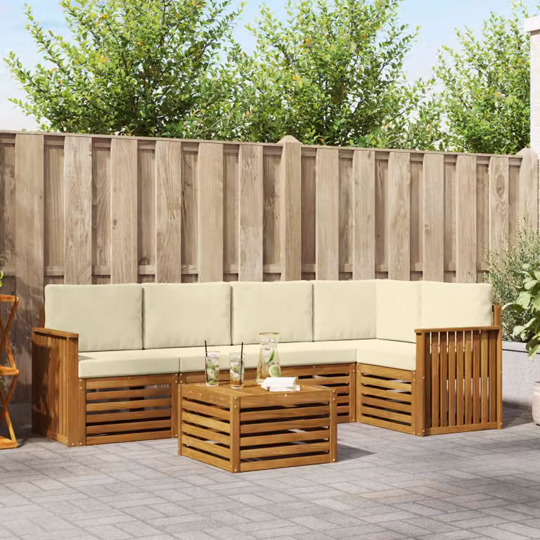 Set di divani da esterno vidaXL 6 pz in legno di acacia con cuscini beige e bianco per giardino e terrazzo