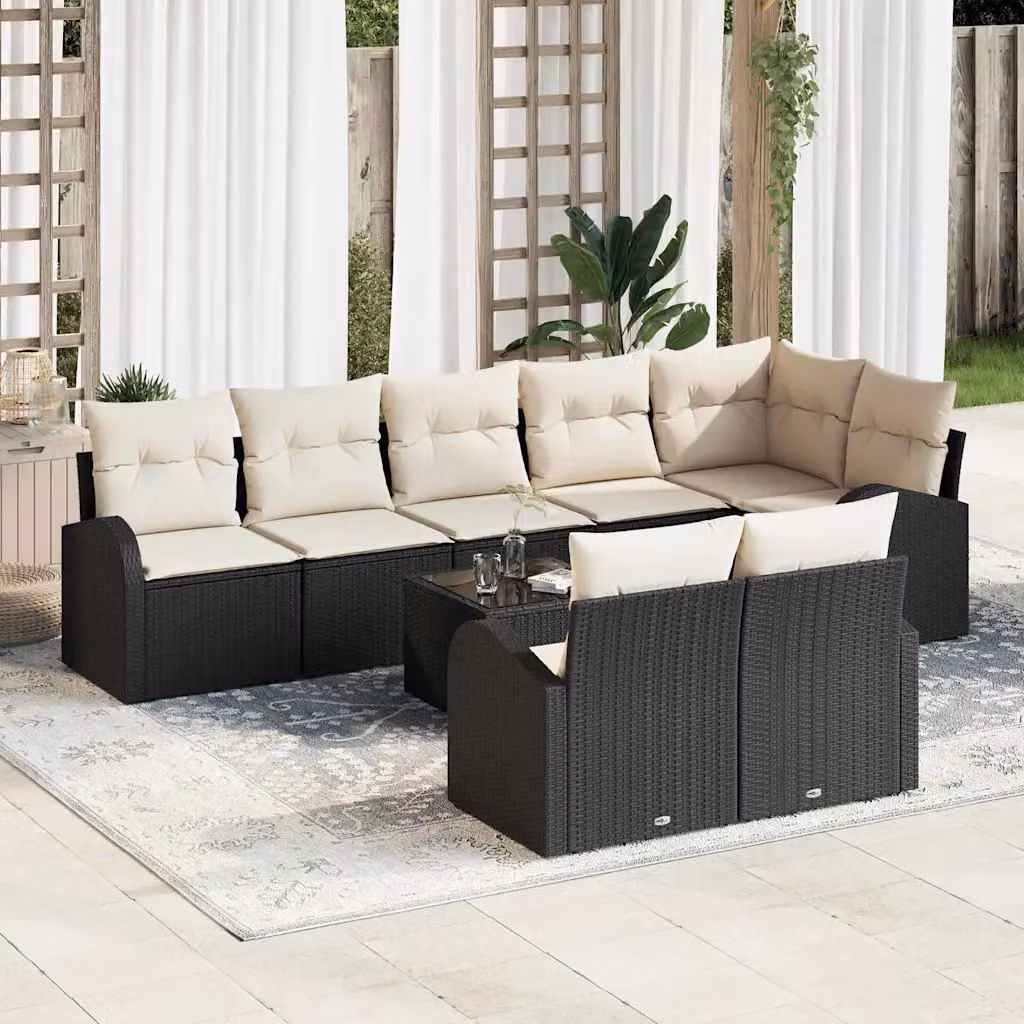 Set Divano da Giardino vidaXL a forma a U con 9 pezzi, 8 posti, Nero e Beige con Cuscini e Struttura in Metallo – 1