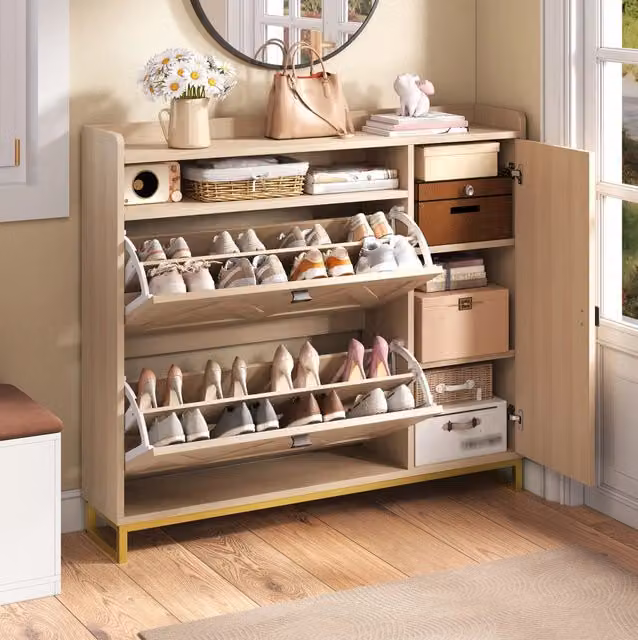 Mobile portascarpe 110x24x100 cm in MDF naturale con ante a ribalta salvaspazio –