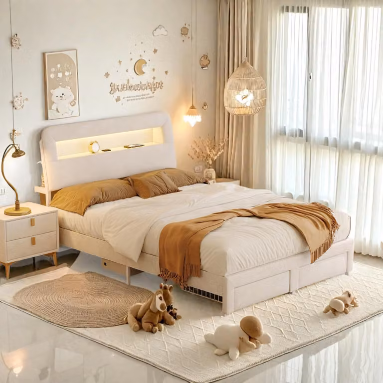 Letto imbottito in velluto ProximaX 140x200 cm in beige con testiera con memoria, porta di ricarica USB, illuminazione a LED e due cassetti nella parte inferiore