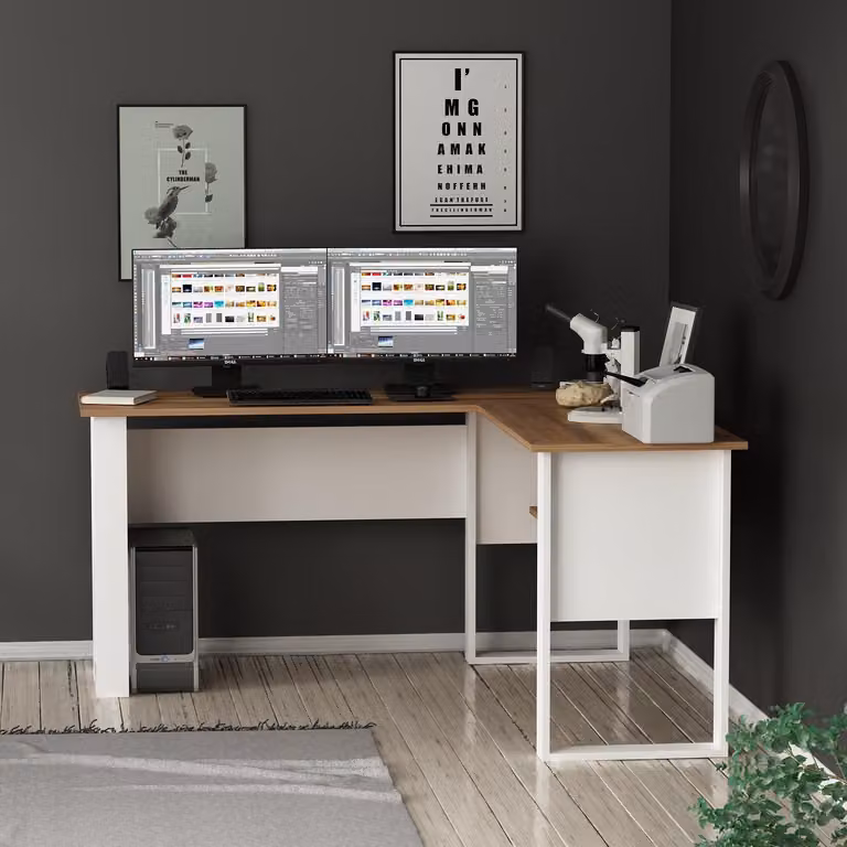 HOMIDEA Randi: scrivania angolare a L con ripiani - Scrivania moderna per computer, ideale per l'ufficio e l'home office - Bianco/Rovere