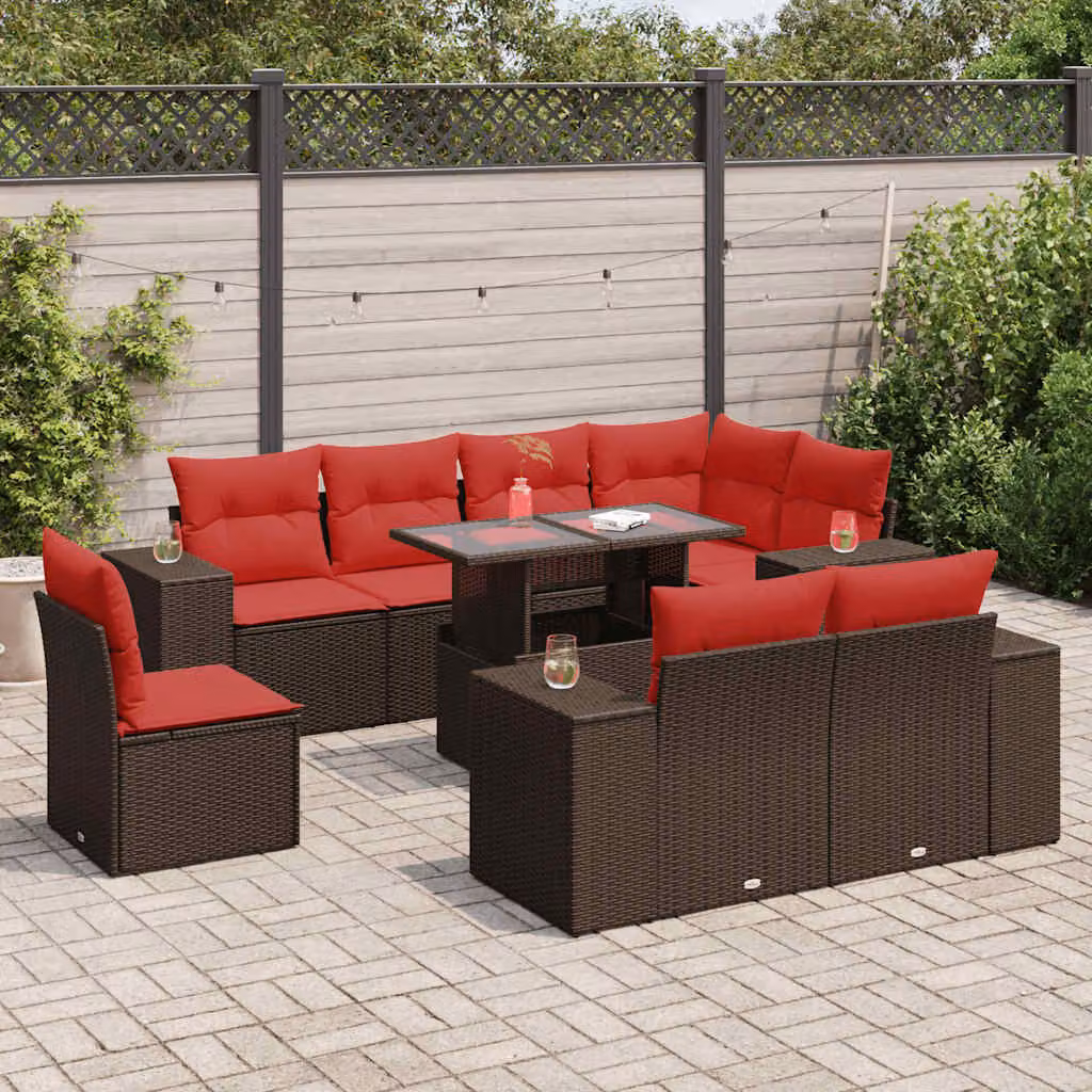 Set di divani da giardino vidaXL in polyrattan marrone con cuscini e tavolino da esterno a forma di U