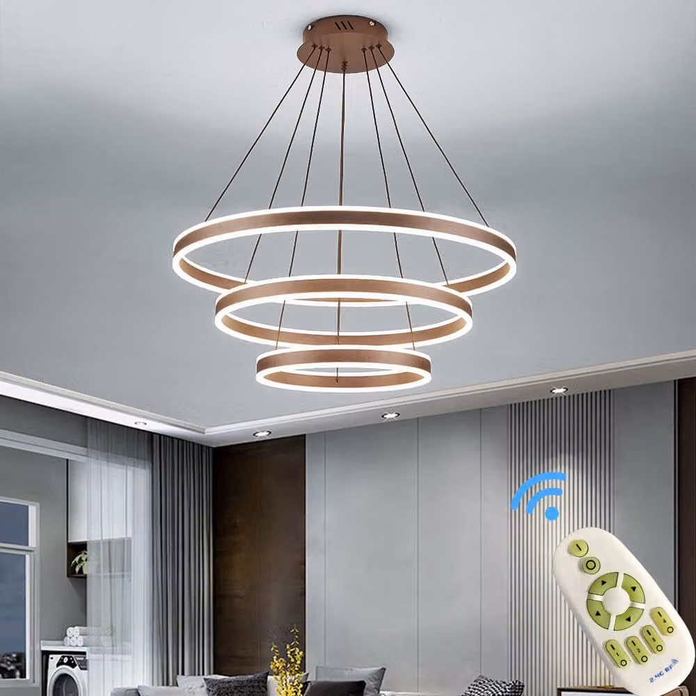 Eurotondisplay LED a sospensione 2137-468KF 3 anelli 40*60*80cm colore caffè cornice dimmerabile con telecomando colore della luce regolabile, altezza regolabile 120cm
