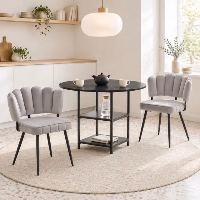 Set da cucina MIVRAY composto da tavolo rotondo nero con doppio ripiano in MDF e 2 sedie in tessuto grigio chiaro, L: 120 cm, H: 107 cm