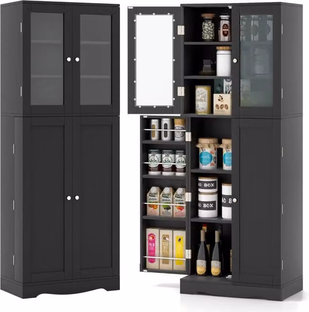 Mobile dispensa da cucina alto 161,5cm con ante in vetro ripiani di stoccaggio, Armadio dispensa per alimenti Nero-Credenze buffet