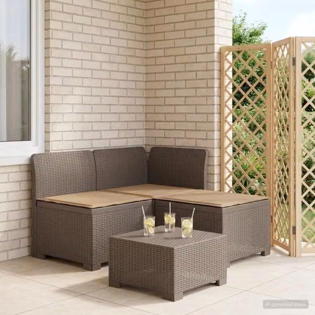 Divano da giardino a L con cuscini vidaXL in look rattan, ideale per terrazzo o balcone, con coperture rimovibili, disponibile in grigio, beige o marrone