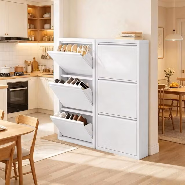 Armadio Portascarpe in Metallo Bianco Slim con 2 Ripiani e Ante a Ribalta 50x106x15 cm