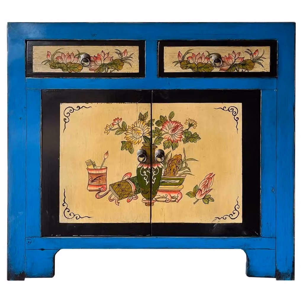 Credenza Wanderlust Deco in legno e metallo con decorazioni floreali orientali, blu, oro e nero, L: 90 cm, P: 40 cm, H: 87 cm – 2