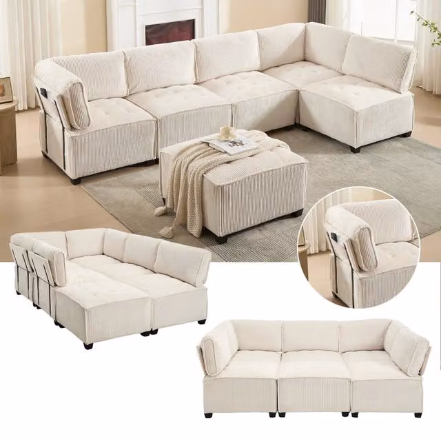 Divano modulare OKWISH da 6 posti configurabile a U o letto in velluto a coste beige