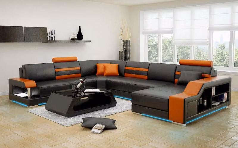 Design Sofa Ecksofa Wohnlandschaft mit Regal Polster Sitz Garnitur Ledersofa USB