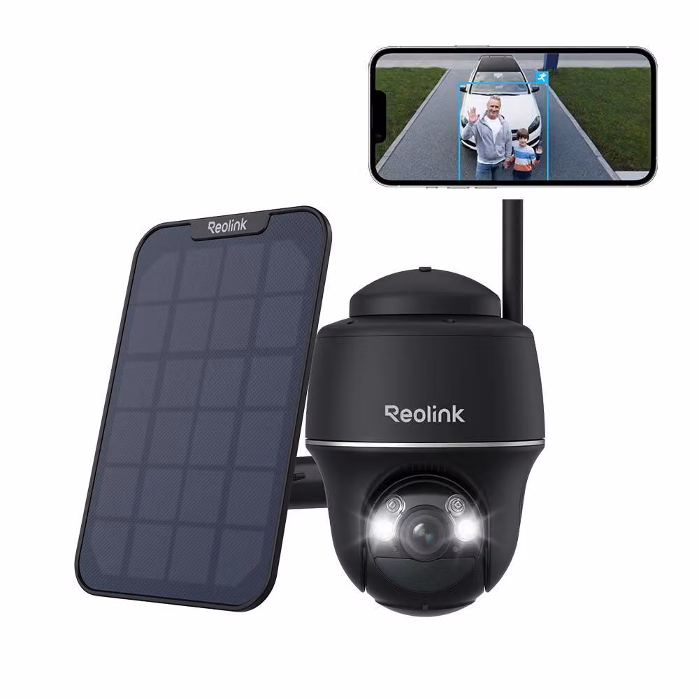 Telecamera di sorveglianza Reolink 2k+ 5MP a batteria/pannello solare, WiFi 5/2,4 GHz, visione notturna a colori, panoramica e inclinazione, rilevamento persone/veicoli/animali, IP64, nero