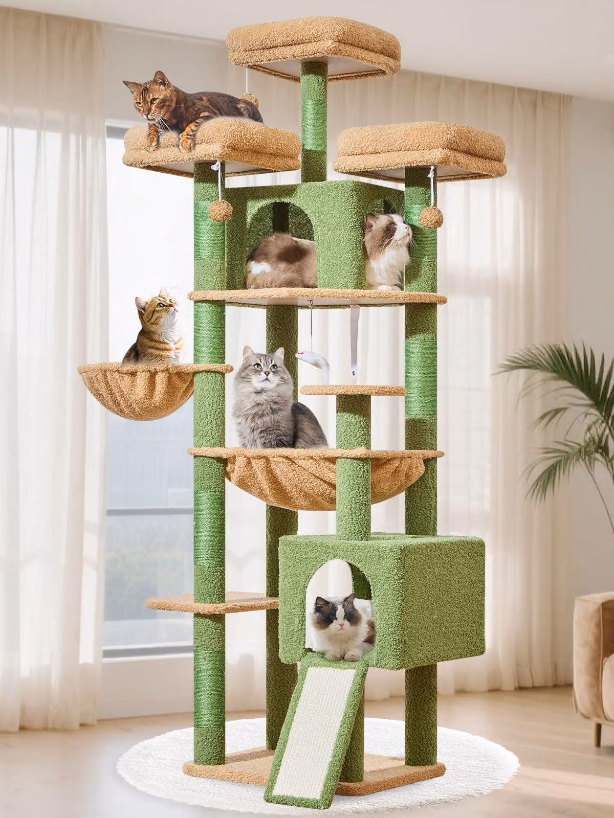 Albero per gatti Kratzbaum XXL, altezza 193 cm, con 7 pali per graffiare, 3 piattaforme, 2 tane, dotato di amaca, ideale per gatti di grossa taglia