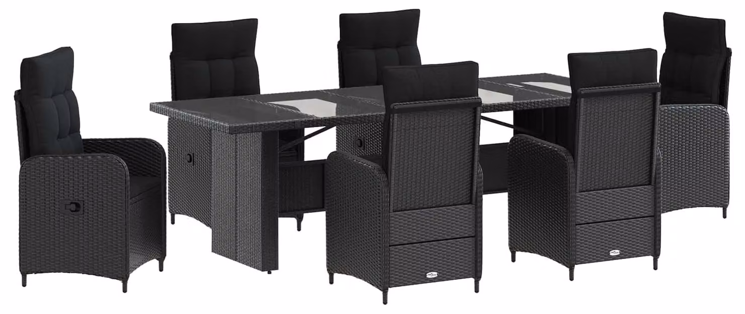 Set da tavolo da esterno, 7 pezzi, in rattan sintetico nero