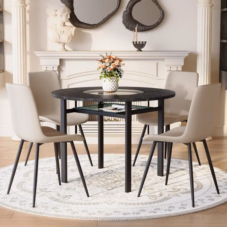 Set da tavolo, tavolo rotondo di 100 cm di diametro, aspetto legno, 2 poltrone in poliuretano, schienale curvo (marrone e nero, grigio caldo)