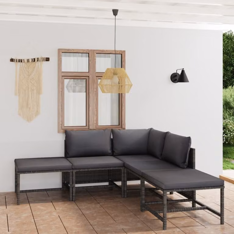 The Living Store Set da giardino da 6 pezzi con cuscini in poly rattan grigio