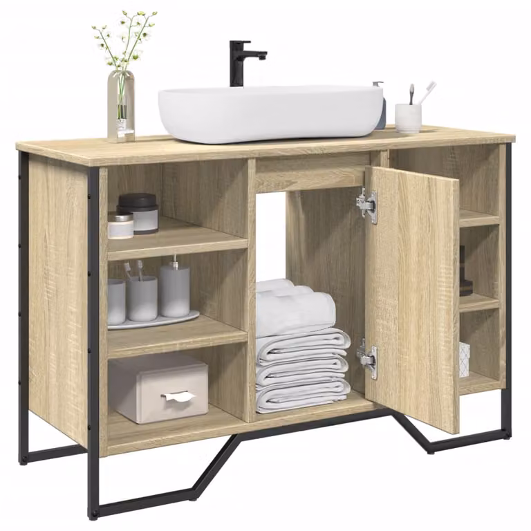 Lavabo da bagno moderno vidaXL in rovere sonoma con ante a cerniera e ripiani interni, L 91 cm x P 35 cm x H 60 cm