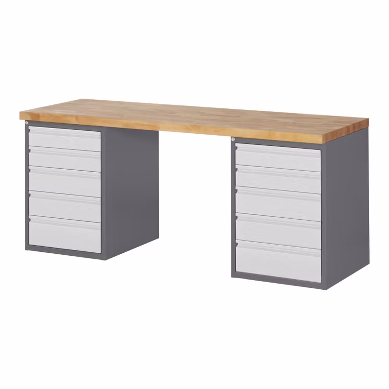 Banco da lavoro STIER Premium, 10 cassetti, 200x70x89 cm, acciaio verniciato a polvere e faggio, ideale come banco da lavoro per montaggio, robusto e versatile, perfetto per le esigenze professionali dell'officina
