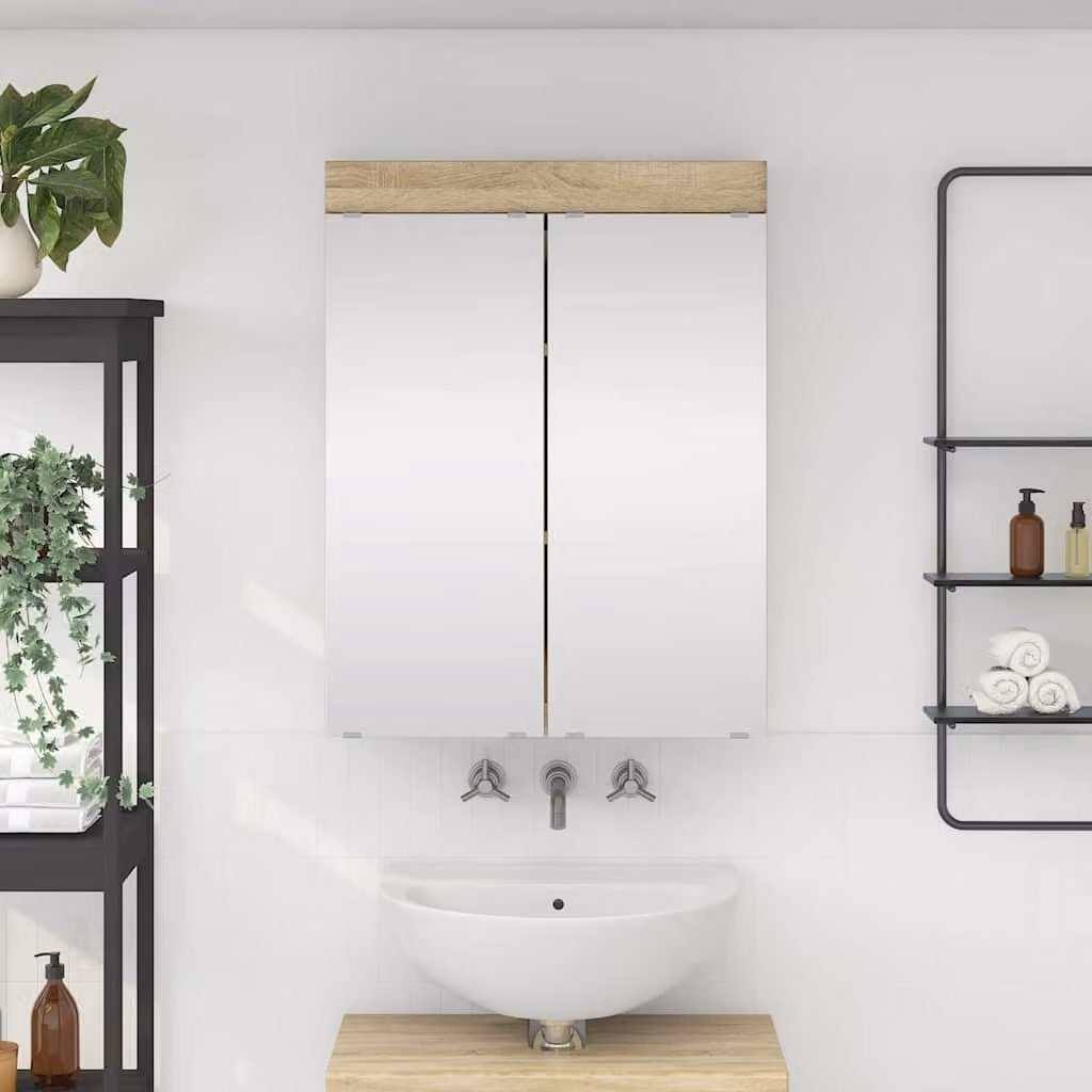 vidaXL Mobiletto per specchio da bagno TULUM Rovere Sonoma con specchio e ante a battente, sospeso, Bianco e Marrone