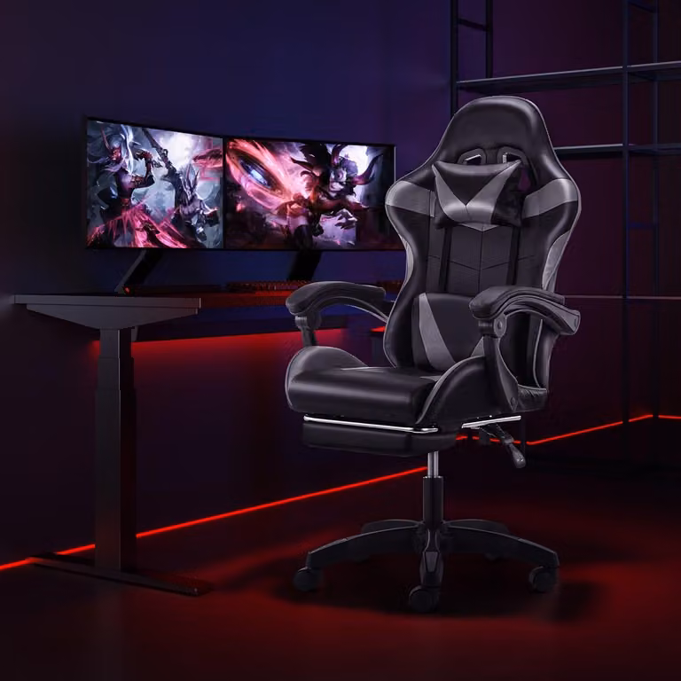 Sedia da gaming nera/grigia, sedia ergonomica da ufficio con schienale reclinabile e sistema di alzata a gas