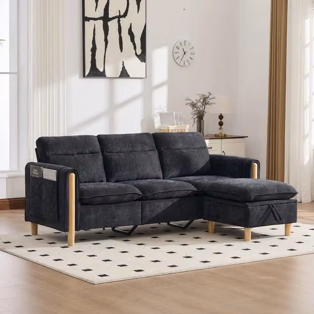 Divano angolare 3 posti con contenitore ¨C Minimal ¨C tessuto chenille nero gambe legno