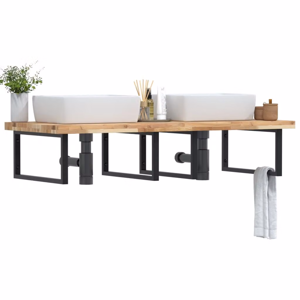 vidaXL Ripiano da parete per lavabo in legno di acacia e metallo nero e marrone