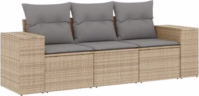 Set Divano da Giardino 3 pz | Set Salotto da Giardino con Cuscini Beige in Polyrattan