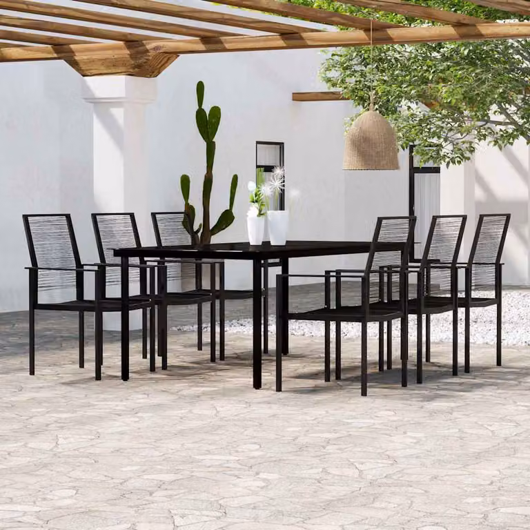 Set da pranzo da giardino vidaXL in acciaio nero e vetro, 7 pezzi