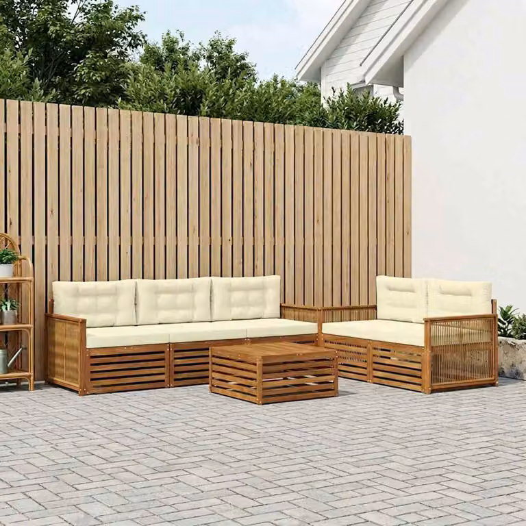 Set di divani da esterno vidaXL 6 pezzi in legno di acacia con tavolino e cuscini, colore beige e bianco