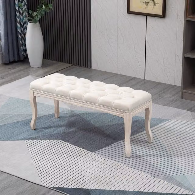 Panca fondo letto imbottita Mivray in tessuto effetto lino beige con bottoni e gambe curve in legno, L: 110 cm, P: 40 cm, H: 40 cm – 1