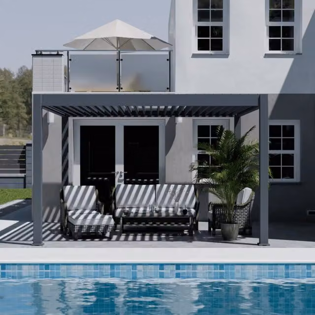 Pergola bioclimatica motorizzata autoportante Ombréa ELMO colore Antracite L: 400 cm, P: 400 cm