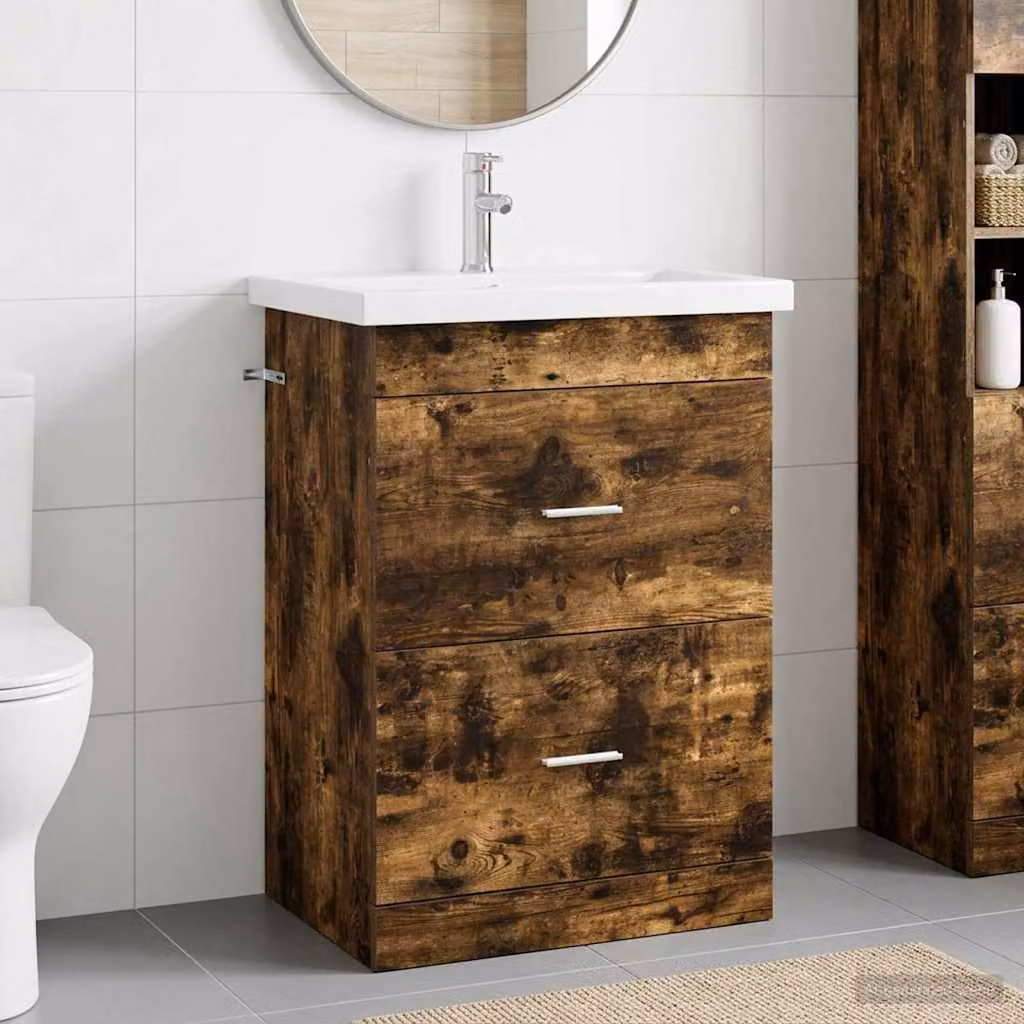 Set di mobili per il bagno moderno vidaXL in legno marrone con dettagli argento, L: 61 cm, P: 40 cm, H: 84,5 cm