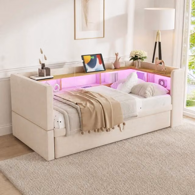 Divano letto imbottito convertibile con scomparti portaoggetti; LED e prese; 90/180 x 190 cm; beige